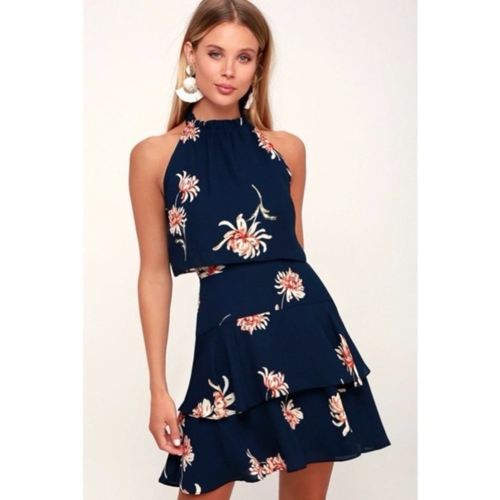 BB Dakota "Garden Variety" Navy Floral Ruffle Mini Dress